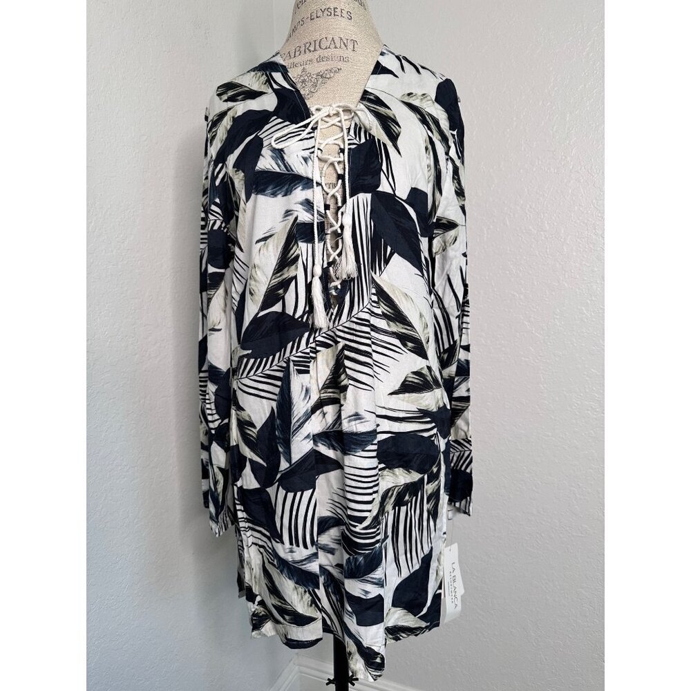 La Blanca Resortwear Lace Front Cover Up Tunic Dress Swimwear‎ M  Black & White